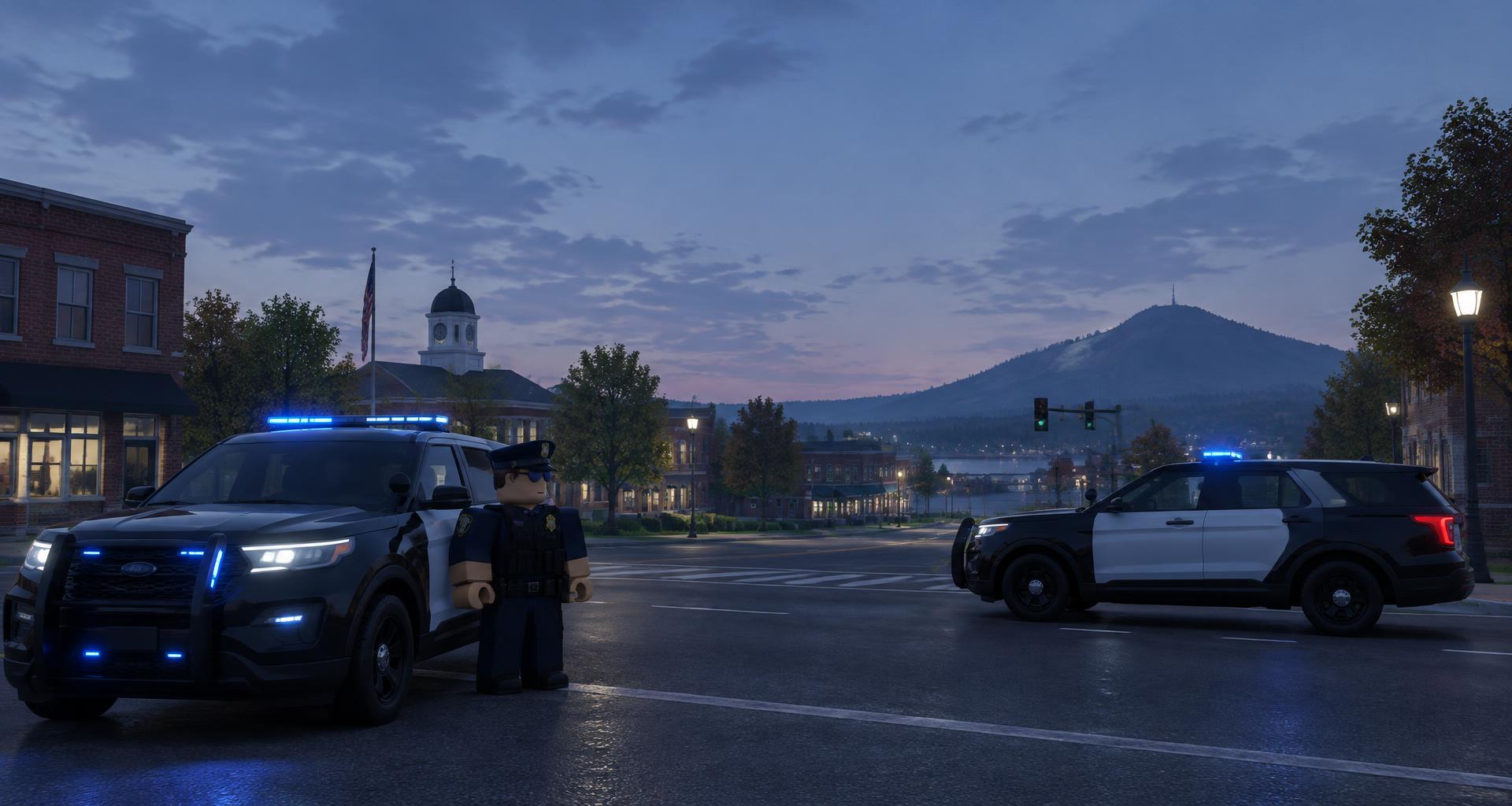 Police units on a Liberty County-inspired roleplay street at dusk